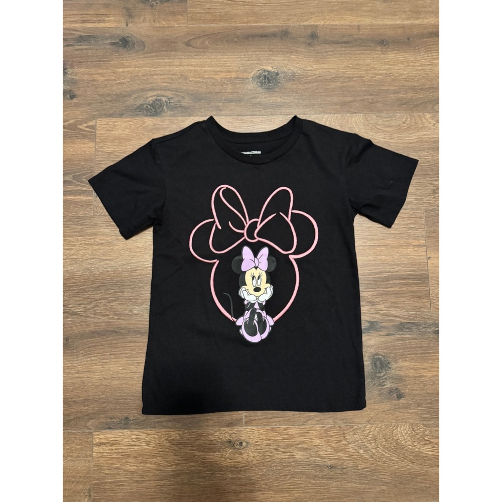 Disney Minnie Mouse Girls Black Graphic Tee Shirt Pink Bow Large 8/10 Freeze